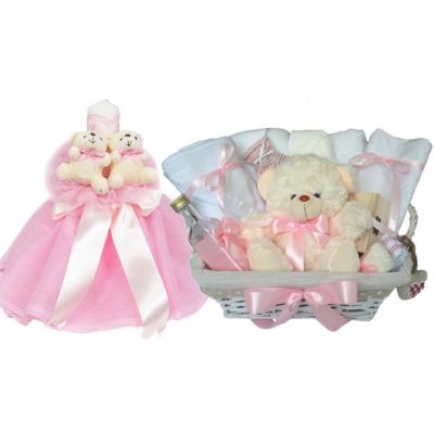 Cos cadou botez lumanare si trusou, Ursuleti, decor Roz, Denikos® 636 NKO3054