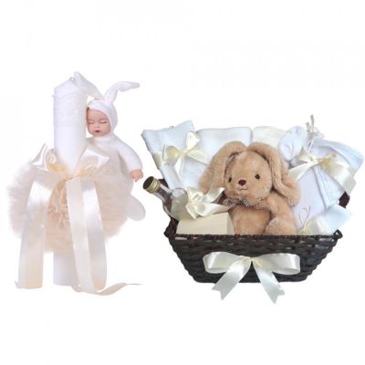 Cos cadou botez trusou si lumanare, Iepuras, decor Ivoire, Denikos® 661 NKO3079