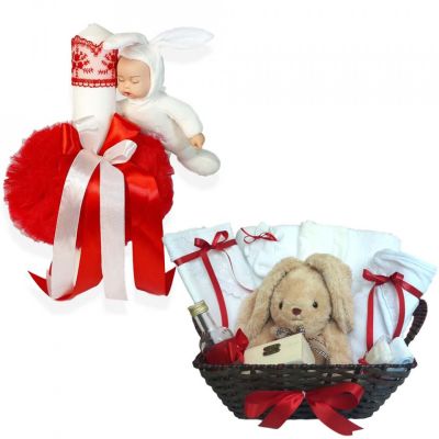 Cos cadou botez trusou si lumanare, Iepuras, decor Rosu, Denikos® 662 NKO3080