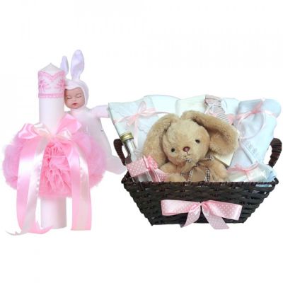 Cos cadou botez trusou si lumanare, Iepuras, decor Roz, Denikos® 663 NKO3081