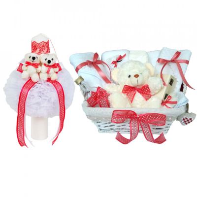 Cos cadou botez trusou si lumanare, Ursuleti, decor Corai, Denikos® 628 NKO3047