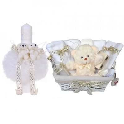 Cos cadou botez trusou si lumanare, Ursuleti, decor Ivoire, Denikos® 629 NKO3046
