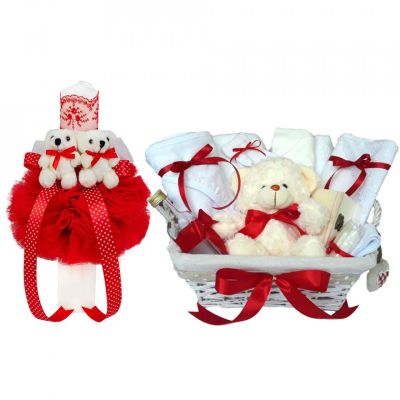 Cos cadou botez trusou si lumanare, Ursuleti, decor Rosu, Denikos® 632 NKO3050