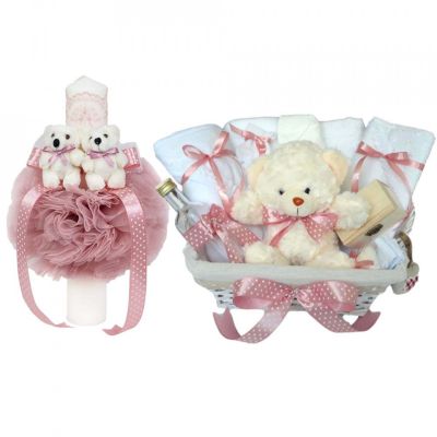 Cos cadou botez trusou si lumanare, Ursuleti, decor Roz Pudra, Denikos® 630 NKO3048