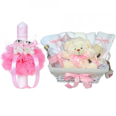 Cos cadou botez trusou si lumanare, Ursuleti, decor Roz buline, Denikos® 633 NKO3051