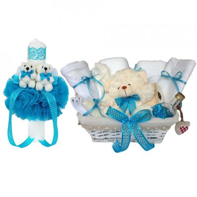 Cos cadou botez trusou si lumanare, Ursuleti, decor Turcoaz, Denikos® 634 NKO3052