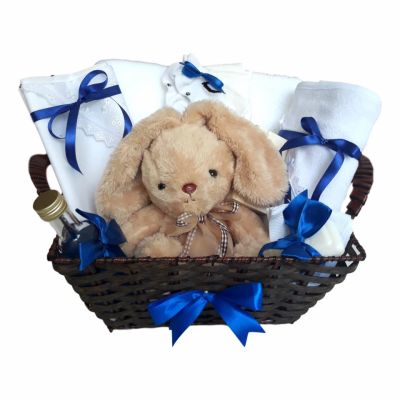 Cos cadou trusou botez, Iepuras, decor Albastru, 12 piese, Denikos® 650 NKO3068