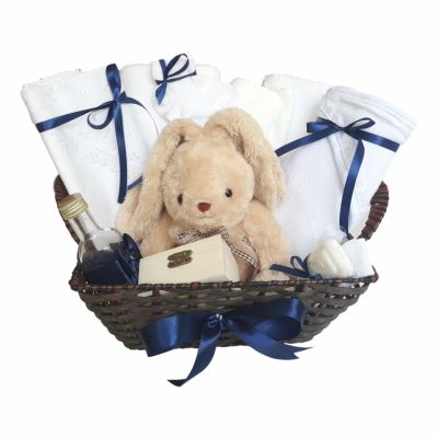 Cos cadou trusou botez, Iepuras, decor Bleumarin, 12 piese, Denikos® 651 NKO3069