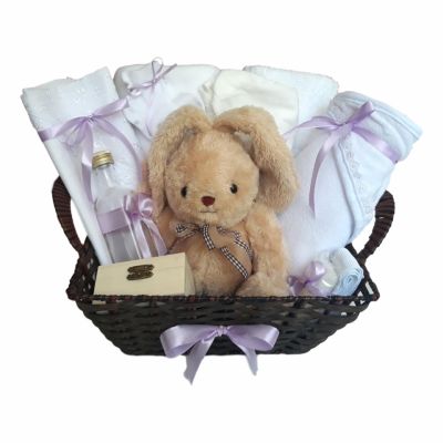 Cos cadou trusou botez, Iepuras, decor Lila, 12 piese, Denikos® 655 NKO3073