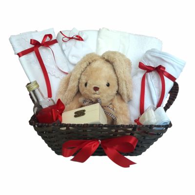 Cos cadou trusou botez, Iepuras, decor Rosu, 12 piese, Denikos® 656 NKO3074