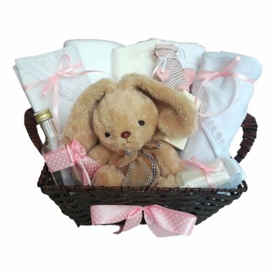 Cos cadou trusou botez, Iepuras, decor Roz cu buline, 12 piese, Denikos® 657 NKO3075