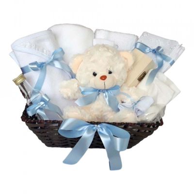 Cos cadou trusou botez, Ursulet, decor Bleu, 12 piese, Denikos® 640 NKO3058