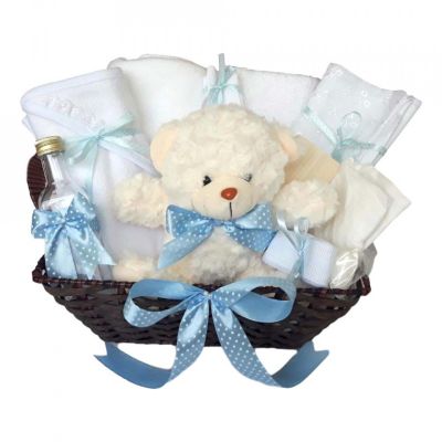 Cos cadou trusou botez, Ursulet, decor Bleu buline, 12 piese, Denikos® 641 NKO3059