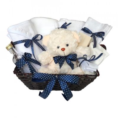 Cos cadou trusou botez, Ursulet, decor Bleumarin buline, 12 piese, Denikos® 643 NKO3061