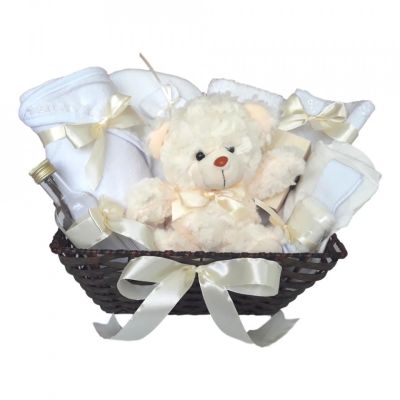 Cos cadou trusou botez, Ursulet, decor Ivoire, 12 piese, Denikos® 644 NKO3062