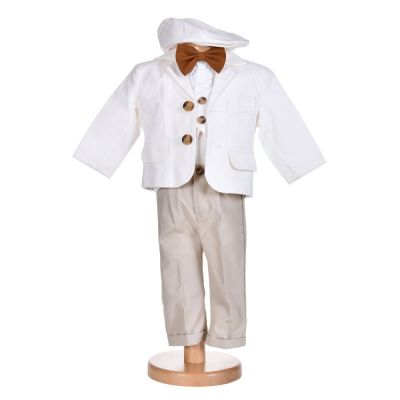 Costum botez baiat, nuante deschise, papion maro, 5 piese, Denikos® H004 NKO5853