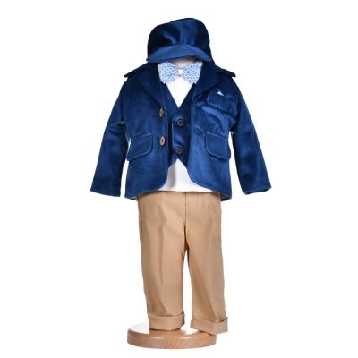 Costumas botez baietel, catifea, albastru inchis, 5 piese, Denikos® H016 NKO5865