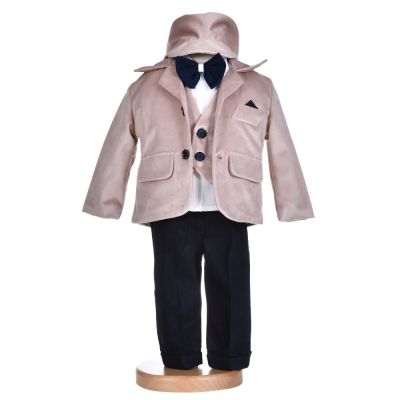 Costumas botez baietel, catifea bej, 5 piese, Denikos® H014 NKO5863