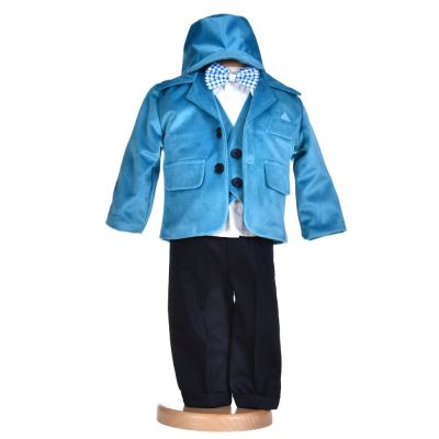 Costumas botez baietel, catifea turcoaz, 5 piese, Denikos® H015 NKO5864