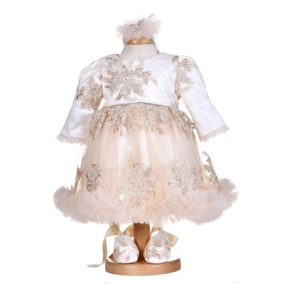 Rochie botez fata, cu volanas, culoare alb-ivoire, 3 piese, Denikos® H031 NKO5880