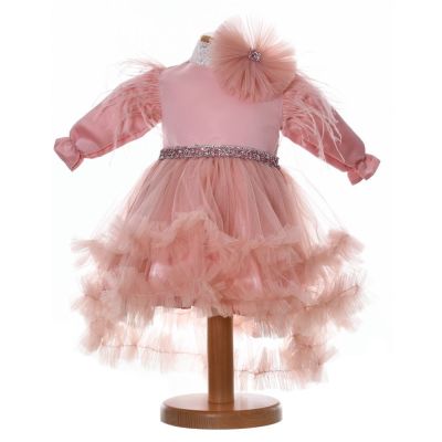 Rochie botez fata, cu volanase, culoare roz pudra, 2 piese, Denikos® H035 NKO5884
