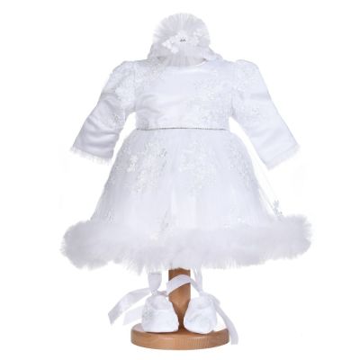Rochie botez fete, cu volanas, culoare alb diafan, 3 piese, Denikos® H033 NKO5882