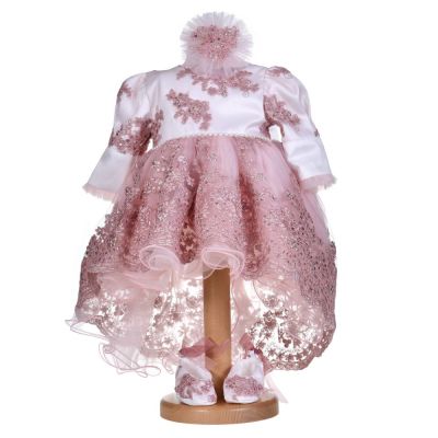 Rochita botez fetita, cu trena, culoare alb - roz pudrat, 3 piese, Denikos® H029 NKO5878