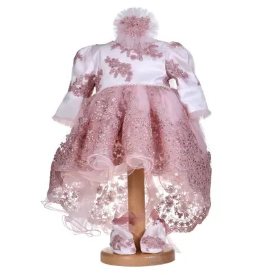 Rochita botez fetita, cu trena, culoare alb - roz pudrat, 3 piese, Denikos&reg; H029 NKO5878