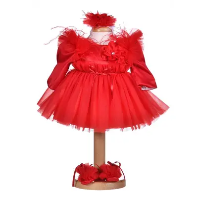 Rochita botez fetita, rosie din satin si tul, 3 piese, Denikos&reg; H024 NKO5873