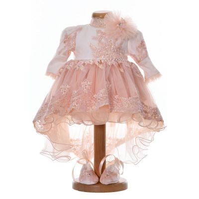 Rochita botez fetite, cu trena, culoare somon elegant, 3 piese, Denikos® H042 NKO5891