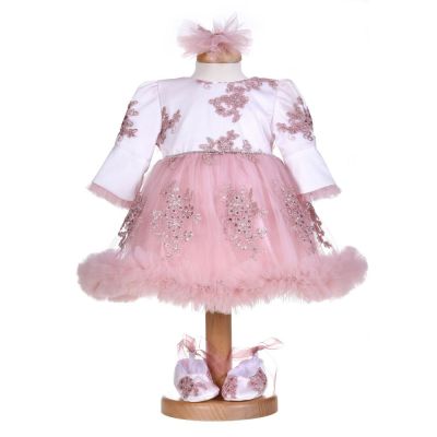 Rochita botez fetite, cu volanas, culoare alb - roz pudrat, 3 piese, Denikos® H030 NKO5879