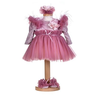 Rochita botez fetite, culoare roz pudrat inchis, 3 piese, Denikos® H025 NKO5874