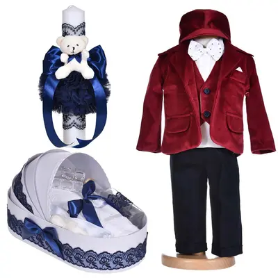 Set botez, costum baietel, 5 piese, trusou botez si lumanare, decor bleumarin si ursulet, Denikos&reg; C1131 NKO5892