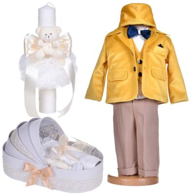Pachet costum botez baieti, 5 piese, trusou botez si lumanare cu decor ivoire si galben Denikos® C1136 NKO5897
