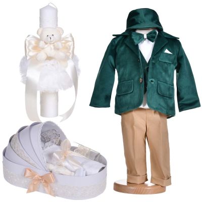 Set costum botez, 5 piese cu trusou botez si lumanare pentru baieti decor ivoire si verde Denikos® C1135 NKO5896