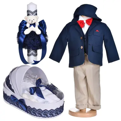Set botez, costum botez baiat, 5 piese, trusou botez si lumanare cu ursulet, decor bleumarin, Denikos&reg; C1151 NKO5912