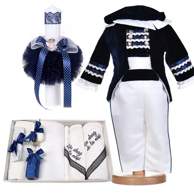 Set costum botez baietei Little Prince 4 piese trusou botez cu mesaj si lumanare cu ingeras Denikos&reg; C1172 NKO5933