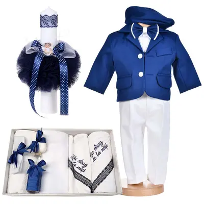 Pachet costum botez albastru 5 piese si trusou botez cu mesaj pentru Baieti cu lumanare ingeras Denikos&reg; C1165 NKO5926