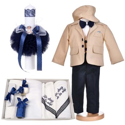 Pachet costum botez bej clasic 5 piese Baieti cu trusou botez mesaj si lumanare cu ingeras Denikos® C1164 NKO5925