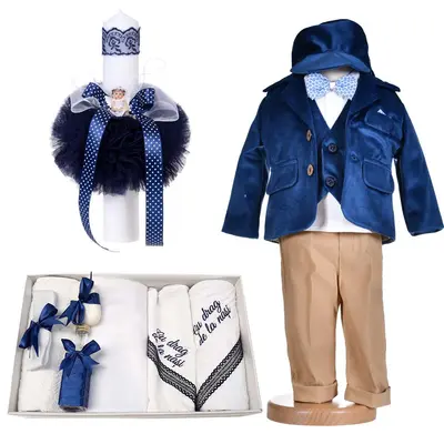 Set trusou botez baieti cu lumanare ingeras si costum botez catifea bleumarin 5 piese Denikos&reg; C1170 NKO5931