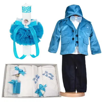 Set costum botez catifea turcoaz 5 piese cu trusou botez cu mesaj si lumanare ingeras pentru baietel Denikos&reg; C1167 NKO5928