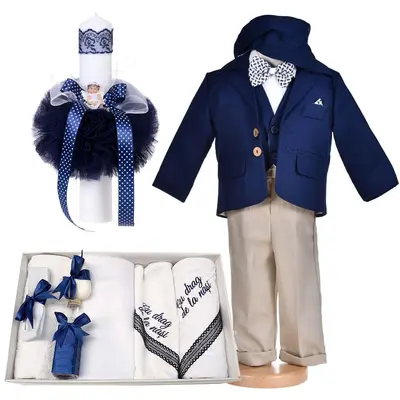 Paceht costum botez albastru inchis 5 piese si trusou botez cu mesaj si lumanare cu ingeras Baiat Denikos&reg; C1160 NKO5921