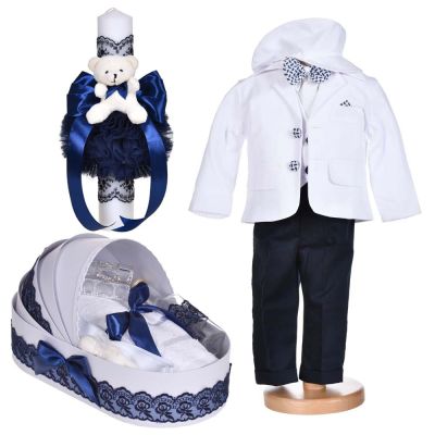 Set botez, costum botez baietei, 5 piese, trusou botez si lumanare, decor alb cu bleumarin, Denikos® C1154 NKO5915