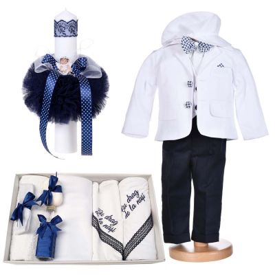 Set costum botez 5 piese pentru baietel cu trusou botez mesaj si lumanare cu ingeras Denikos® C1162 NKO5923