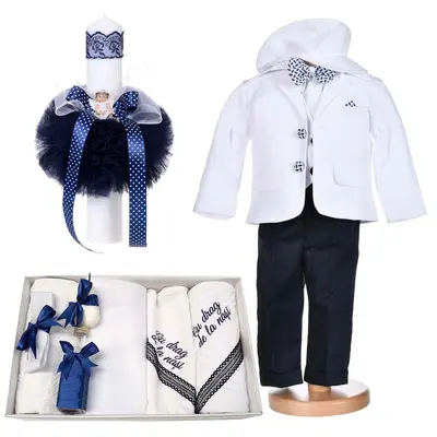 Set costum botez 5 piese pentru baietel cu trusou botez mesaj si lumanare cu ingeras Denikos&reg; C1162 NKO5923