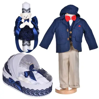 Set botez, costum botez baietel, 5 piese, trusou botez si lumanare cu ursulet, decor bleumarin, Denikos&reg; C1153 NKO5914