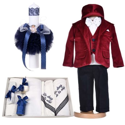 Pachet costum botez catifea grena 5 piese cu trusou botez cu mesaj si lumanare ingeras Baietei Denikos® C1168 NKO5929