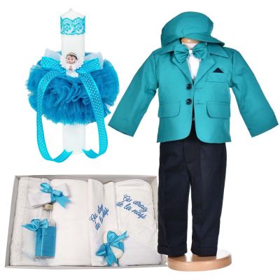 Set costum botez baietel turcoaz 5 piese si trusou botez cu mesaj si lumanare ingeras Denikos® C1166 NKO5927