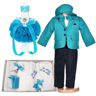 Set costum botez baietel turcoaz 5 piese si trusou botez cu mesaj si lumanare ingeras Denikos&reg; C1166 NKO5927