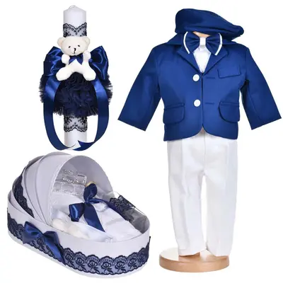 Set costum botez albastru dichisit 5 piese cu trusou botez si lumanare cu ursulet Baietel Denikos&reg; C1158 NKO5919